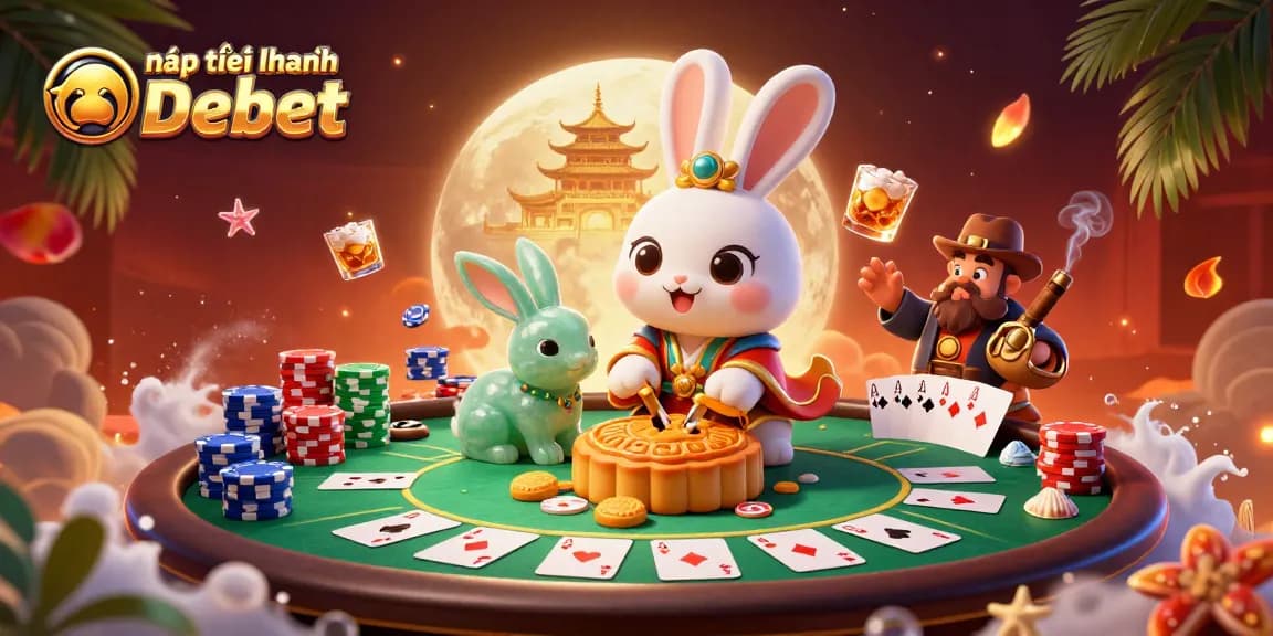 Nạp tiền nhanh Debet with moon rabbits playing poker at a vibrant lunar casino scene.