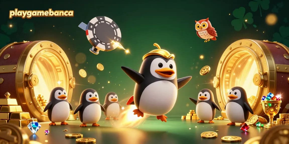 Join the excitement at playgamebanca with a golden penguin racing through a cosmic casino adventure.