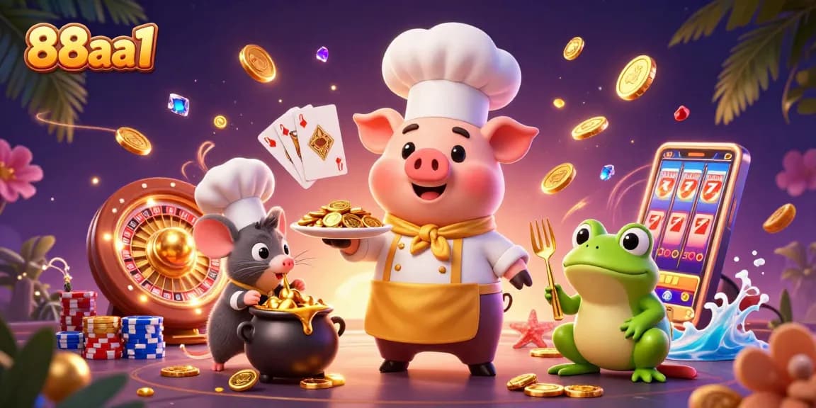 Experience thrilling gaming at 88aa1 with a vibrant illustration of a pig chef serving golden coins.