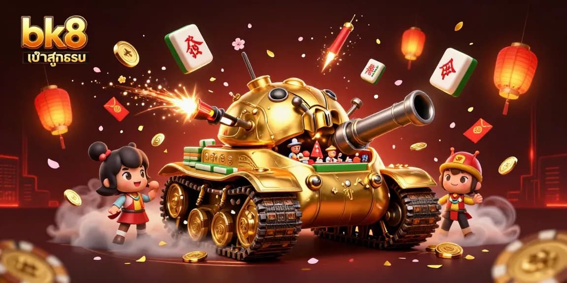 Engage with bk8 เข้าสู่ระบบ in this vibrant casino-themed 3D illustration featuring a golden beetle tank.