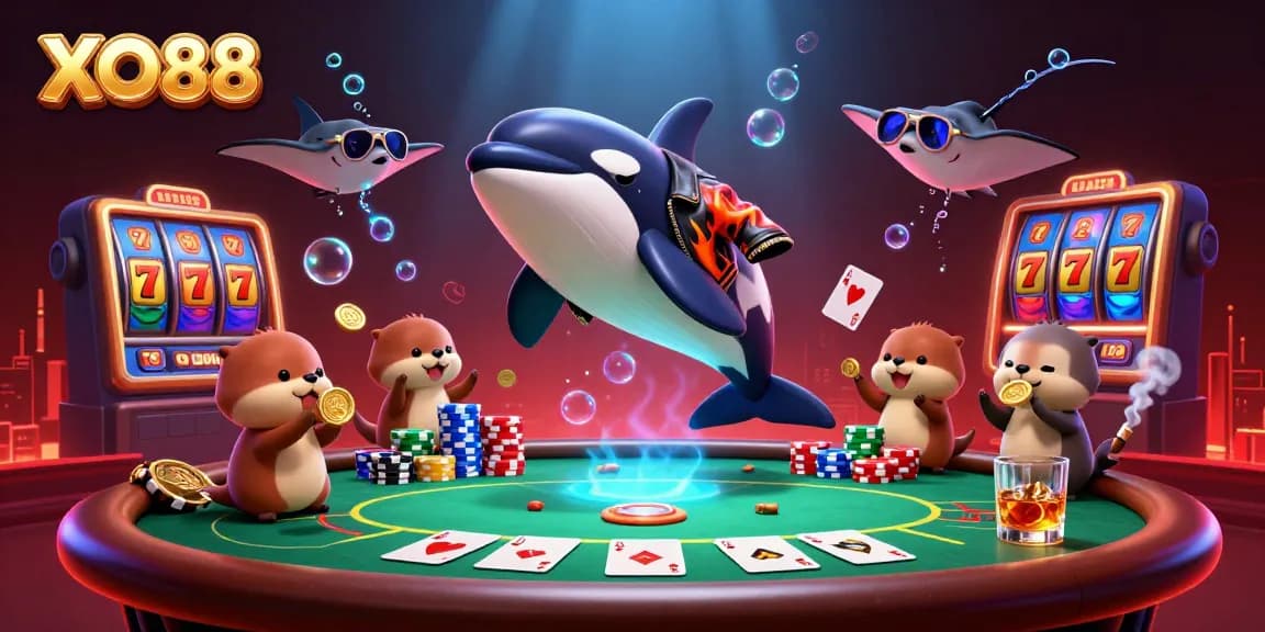 Join the excitement at XO88's dynamic casino scene with orca and otters, surrounded by poker and slots.
