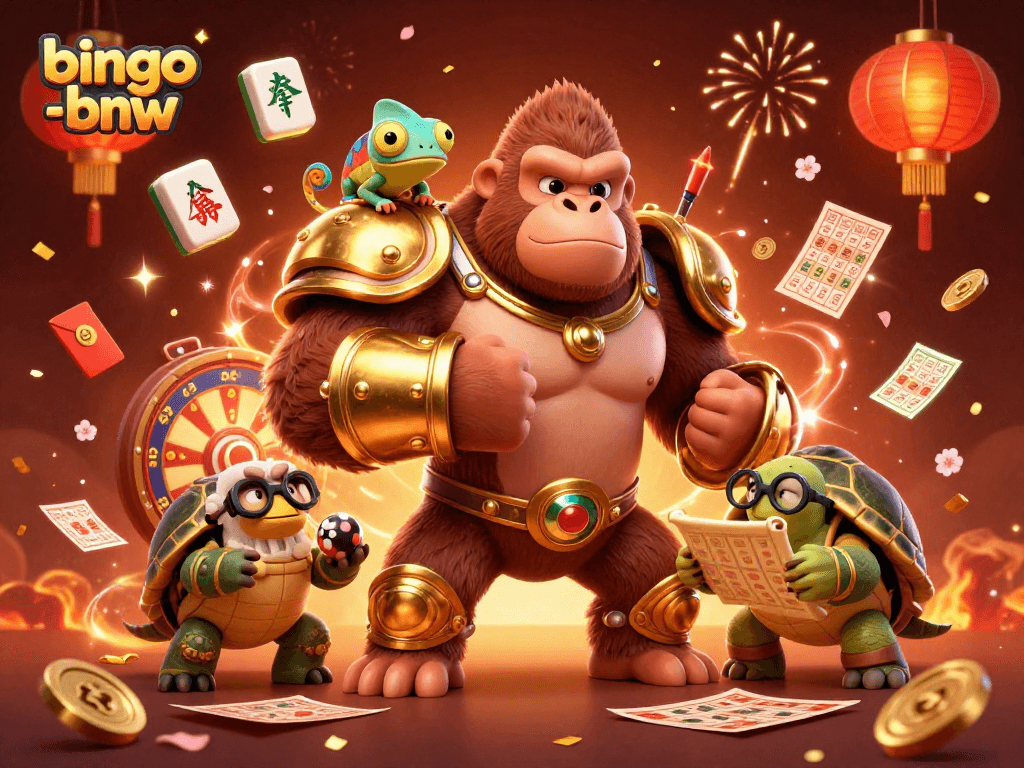Bingo-bnw offers thrilling gameplay with exciting bingo cards and prize wheels in a vibrant scene.