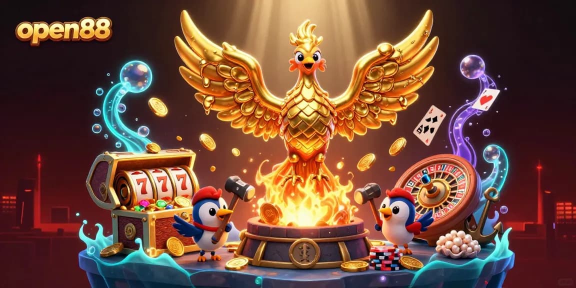 Experience the excitement of open88 with a dazzling golden phoenix creating coins amidst vibrant casino elements