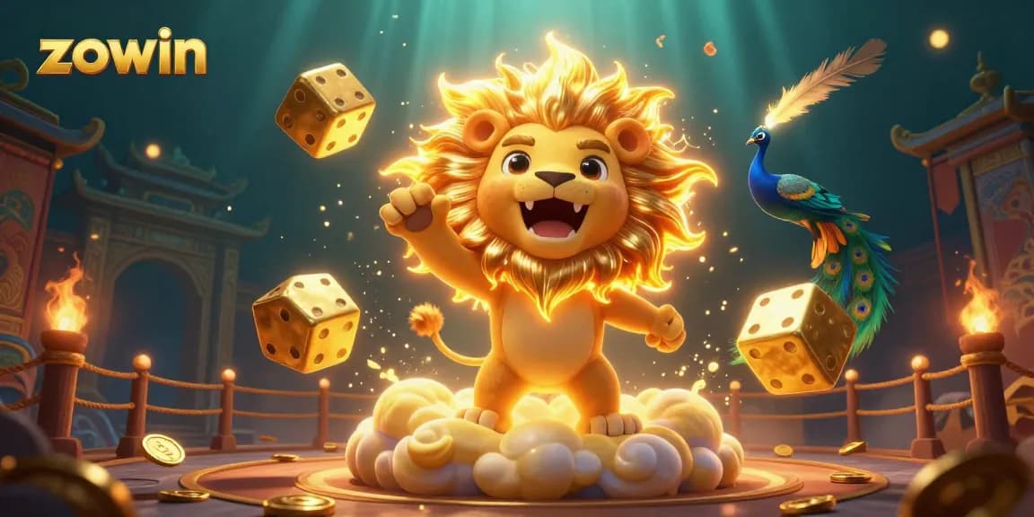 Zowin's thrilling adventure with golden dice and a roaring lion in a vibrant casino illustration.