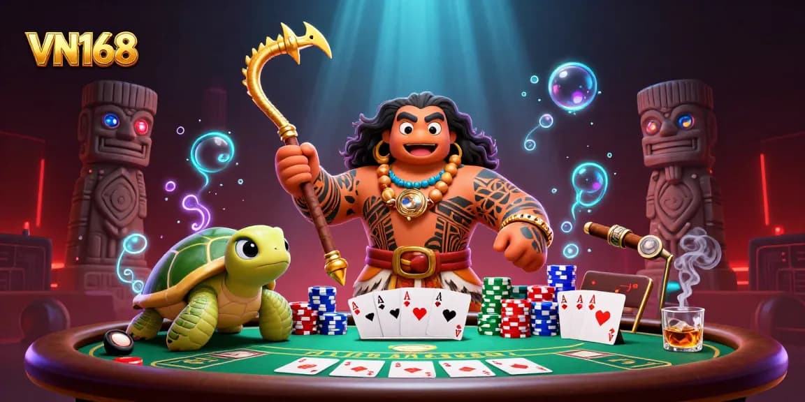 Experience thrilling gaming at VN168 with vibrant 3D illustration of Polynesian demigod and poker scene.