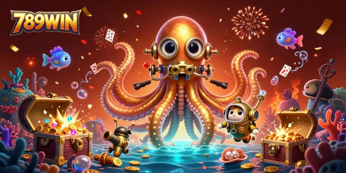 Experience the thrill of winning with engaging games at 789WIN, featuring cartoon kraken and casino elements.