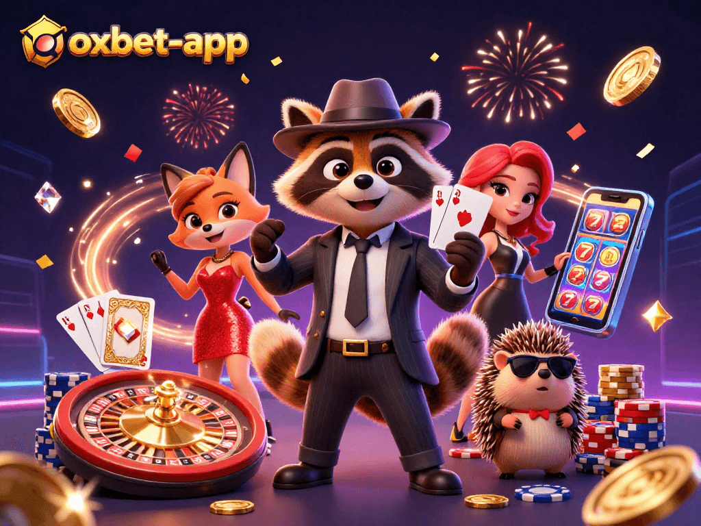 Playing a royal flush in the vibrant scene of oxbet-app, animated casino excitement unfolds.