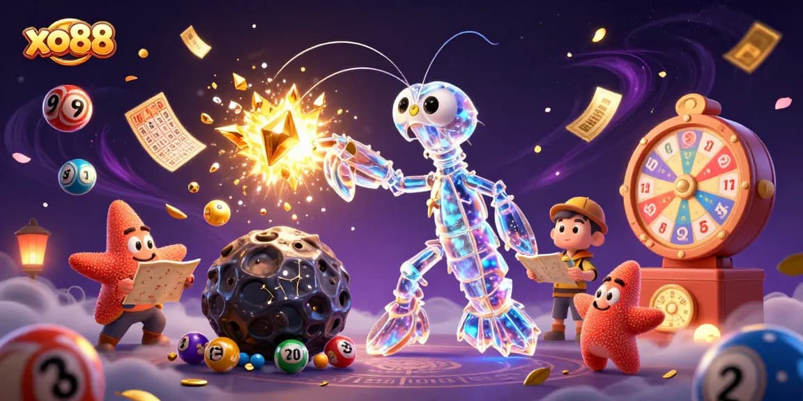Join the excitement at xo88 with the galactic samurai shrimp and golden gems in a vibrant lottery scene.