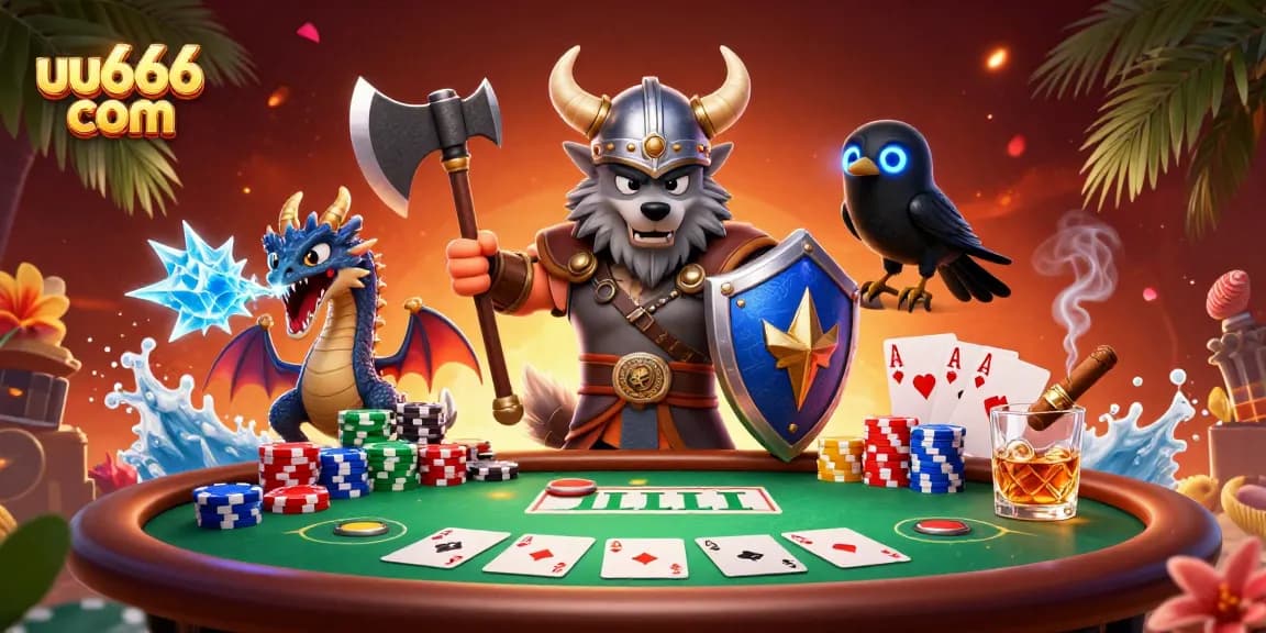Win big with uu666 com in a vibrant 3D casino scene featuring Viking, dragon, and poker
