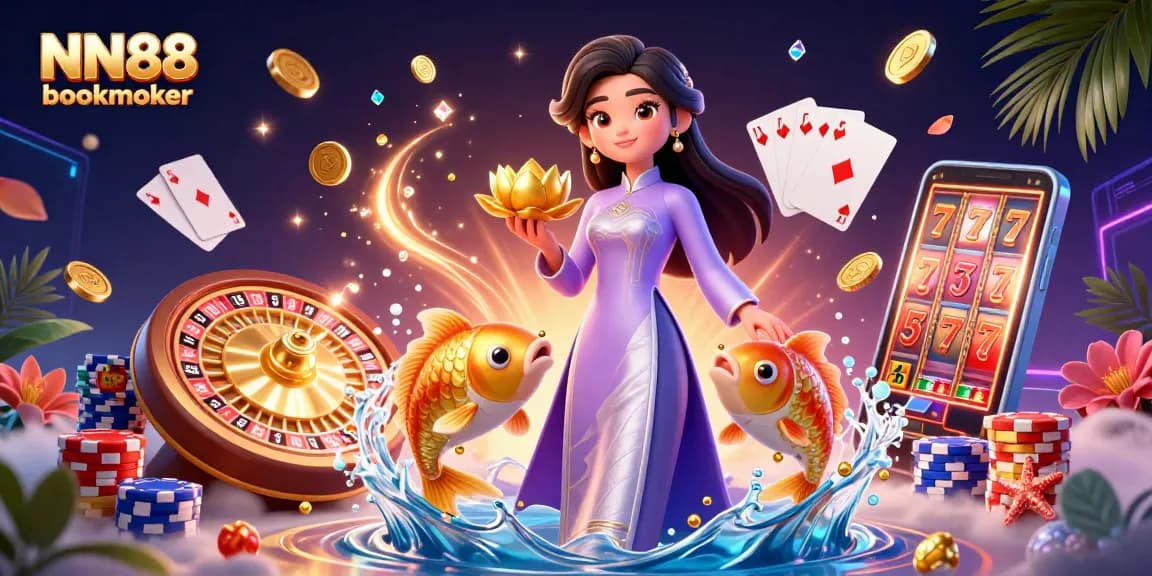 Engage with the NN88 bookmaker experience featuring an elegant character, golden elements, and dynamic casino visuals.
