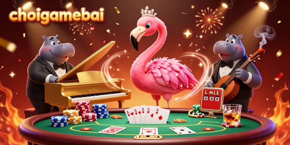 Engage with choigamebai at a vibrant 3D casino party featuring flamingo singer and hippo bassist.