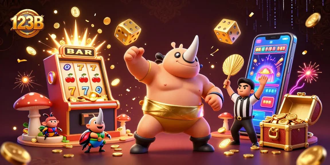 Experience the excitement of 123B with coins flying and jackpot bursts in a vibrant casino scene.