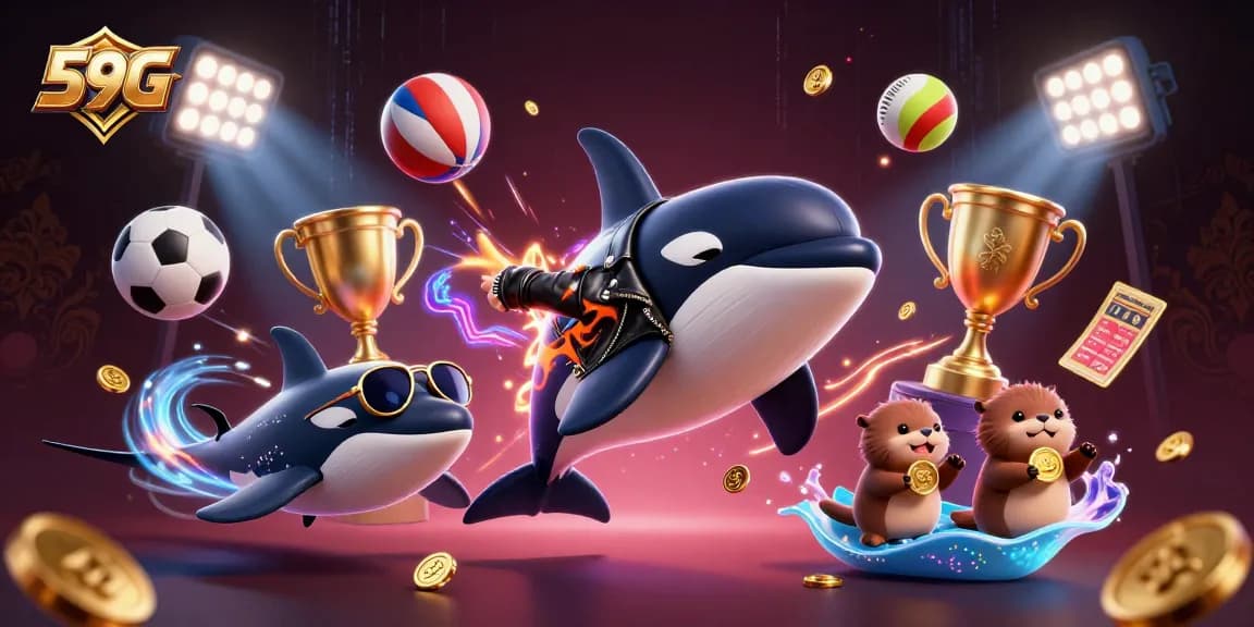Play exciting games with 59G, featuring dynamic characters winning gold coins in a rich casino scene.