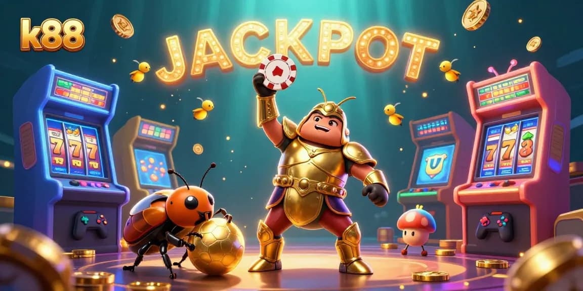 Engage in exciting k88 casino action as a victorious beetle celebrates a jackpot amidst glowing slots and game elements.
