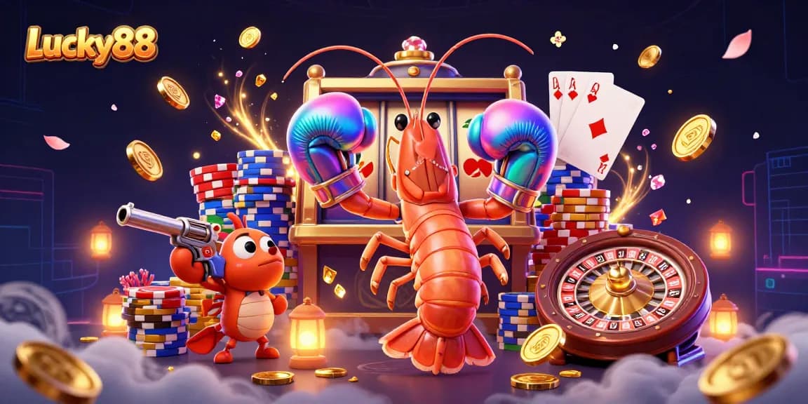 Experience the excitement of Lucky88 with vibrant casino characters and games animated in a dynamic scene.