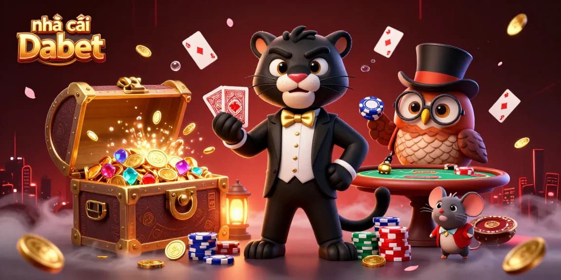 Experience the thrill of live casino action with Nhà cái Dabet's vibrant 3D illustration of animated characters and poker elements.
