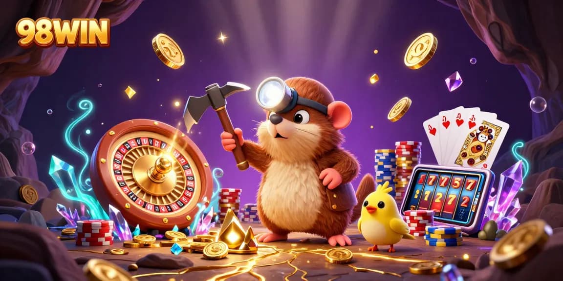 Win big at 98WIN and experience thrilling adventures in a vibrant casino illustration.