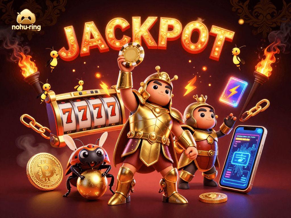 Navigate jackpot success in nohu-ring with a vibrant victory scene featuring a heroic beetle and dynamic casino elements.