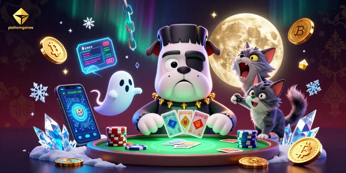 Engage in thrilling card play with platformgames as a cartoon monster dealer at a spooky casino scene.