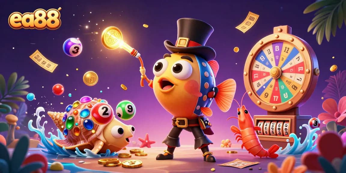 ea88 jackpot scene with an anglerfish, shrimp, and sea snail amid colorful gaming elements