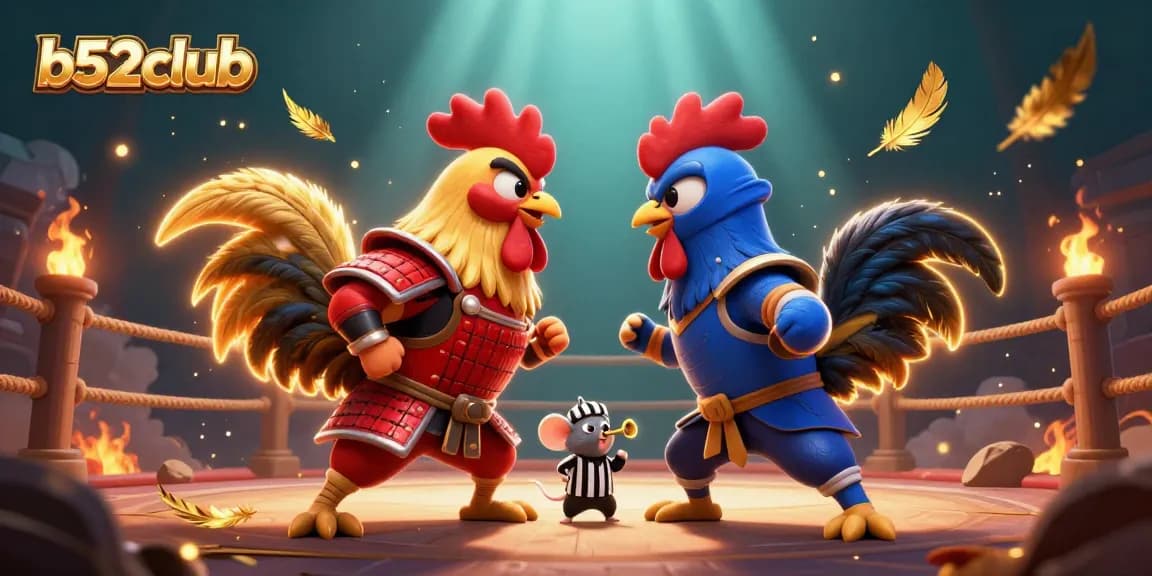 Witness the epic showdown at b52club's online arena with dynamic fighting roosters and vibrant casino elements.