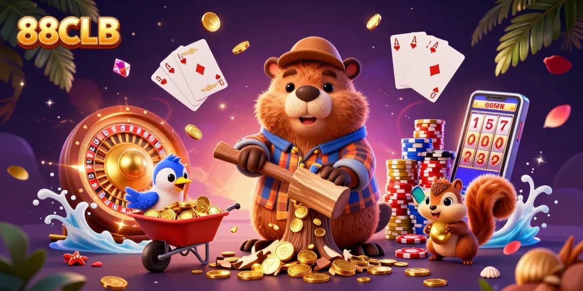 88CLB characters engage in a vibrant casino scene with golden coins and roulette.