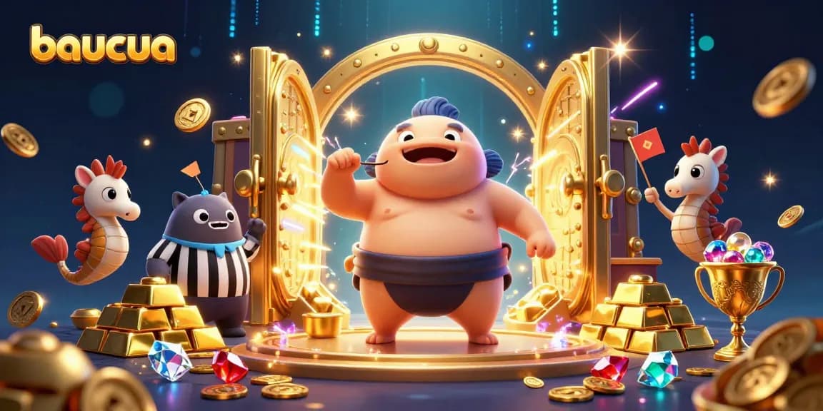 Engage in baucua with an exciting underwater casino scene featuring a cartoon fugu and treasures.