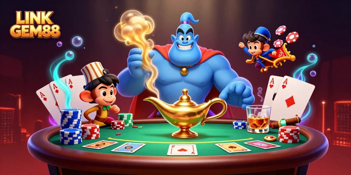 Engage in thrilling gameplay with LINK GEM88 as a cartoon genie, monkey, and poker elements unite.