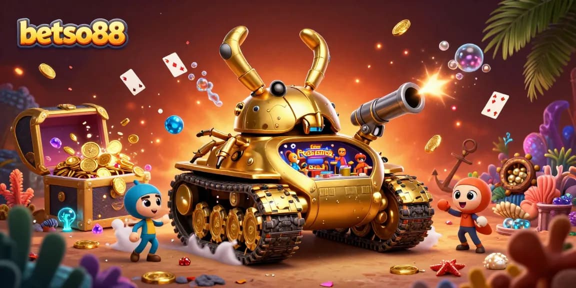 Betso88 showcases a vibrant 3D scene with a golden tank casino offering exciting games.