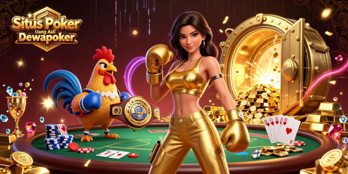 Experience the thrill of Situs Poker Uang Asli Dewapoker with a dynamic 3D casino scene featuring poker elements.