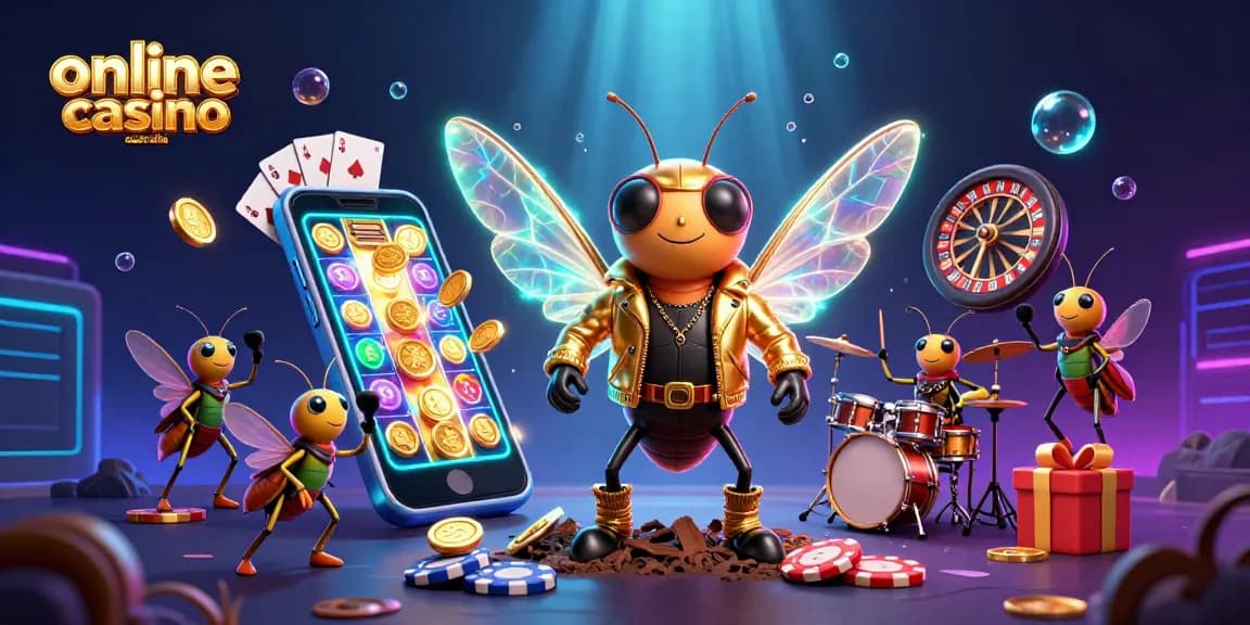 Experience engaging gameplay at online casino australia with a vibrant 3D scene featuring a cicada rock star.