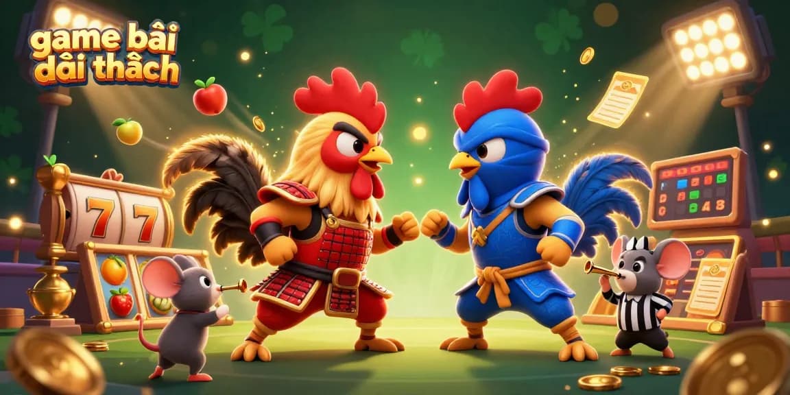 Experience thrilling gameplay with game bài đổi thưởng in a dramatic 3D cartoon battle scene featuring samurai and ninja roosters.