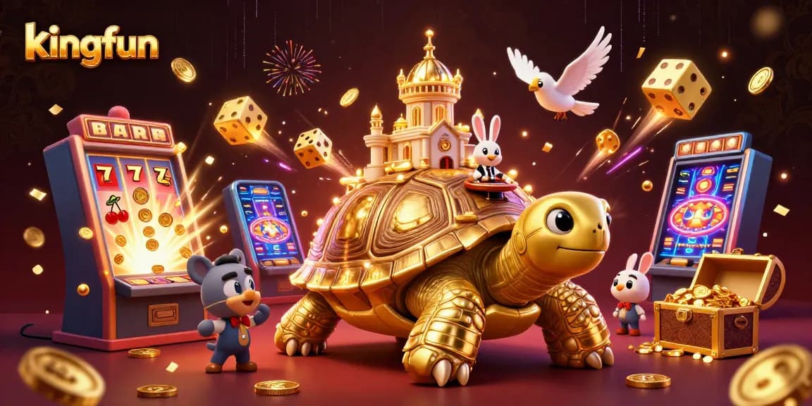 Experience thrilling gameplay at kingfun with a vibrant 3D casino scene featuring a turtle and a rabbit dealer.