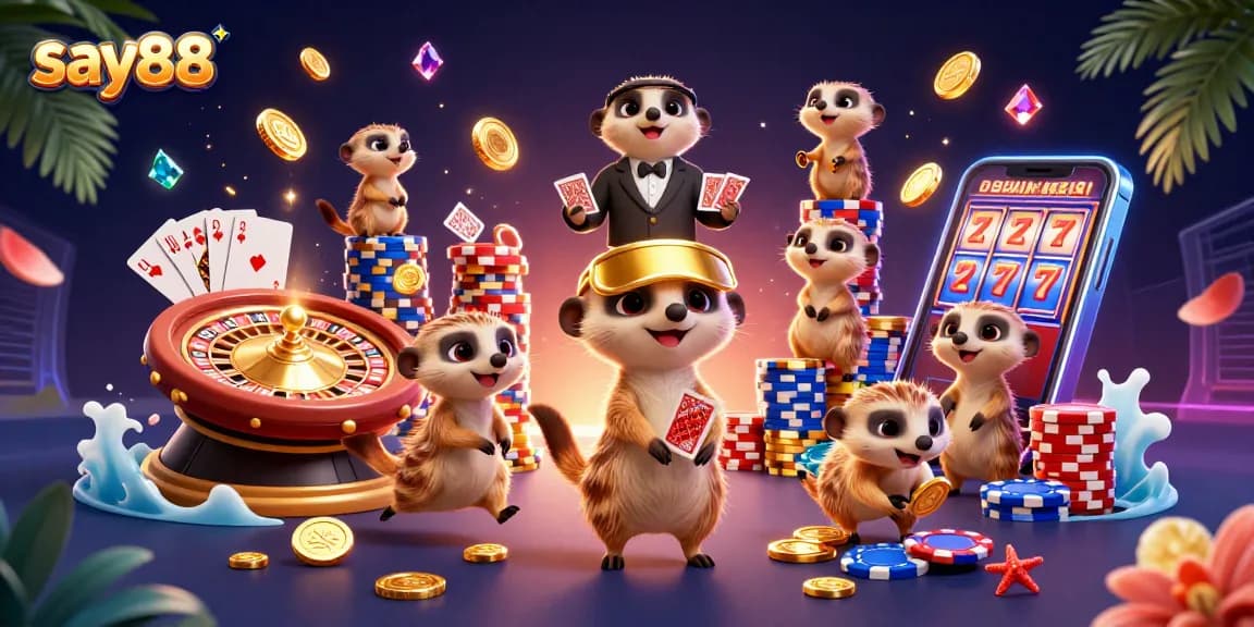 Experience exciting gameplay at say88 with a lively meerkat casino scene full of vibrant elements.