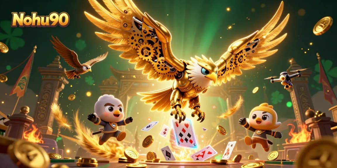 Nohu90 showcases thrilling casino gameplay featuring a cybernetic eagle amidst holographic cards.