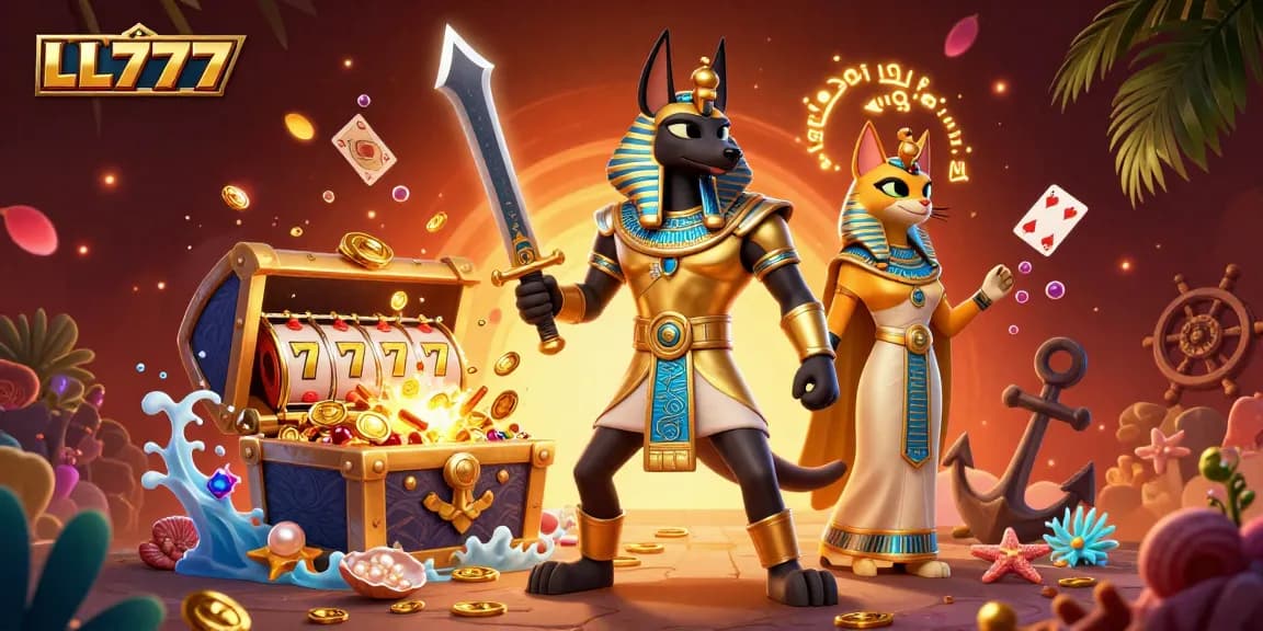 LL777 engages players with immersive slots featuring Anubis and Bastet in a vibrant gaming scene.