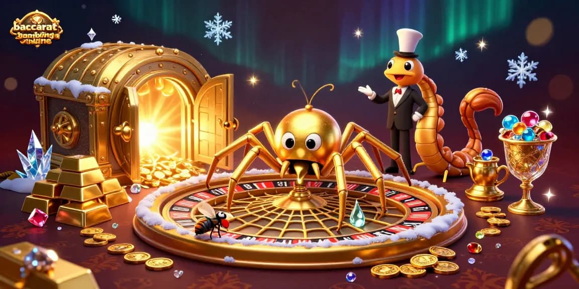 Baccarat-gambling-online illustrates a golden spider spin a web roulette as a fly nervously bets in a vibrant casino scene.