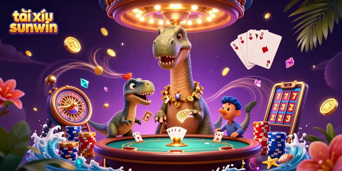 Engage with tài xỉu sunwin as a giant brontosaurus oversees playful card dealing in a vibrant casino scene.
