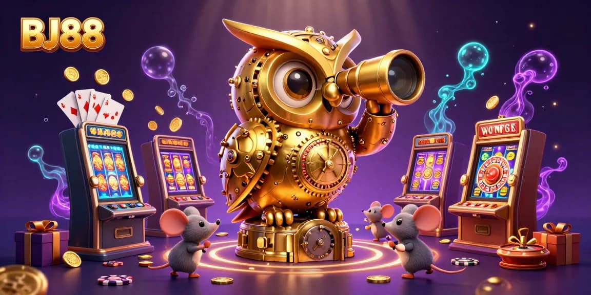 BJ88 casino scene showcasing a golden owl and charming mouse patrons amidst vibrant slot machines and game elements.