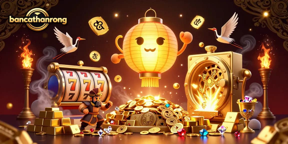 Engage with bancathanrong's vibrant casino scene featuring golden lanterns and slot reels, rich in detail.
