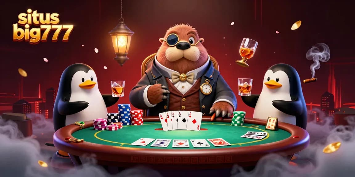 Engage with situs big777 in a vibrant gambling scene featuring a walrus at a poker table.
