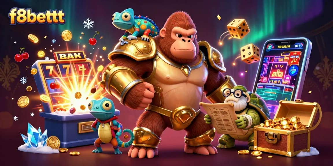 Engage in thrilling slots at f8bettt with vibrant casino elements and characters celebrating big wins!