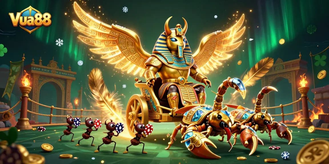 Bet on thrilling adventures at Vua88 with an epic chariot scene alive with casino elements.