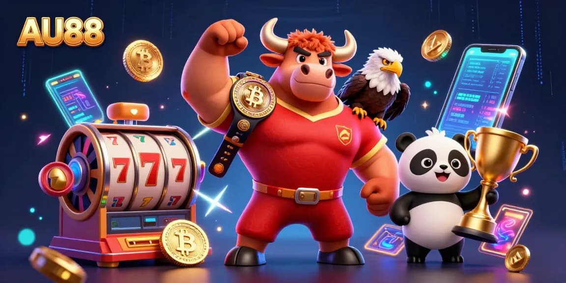 Engage with AU88 as a dynamic illustration featuring a bull mascot and crypto coins celebrating online gambling.