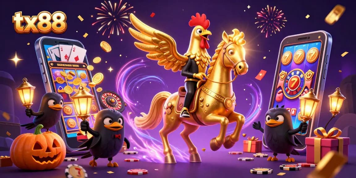 Experience tx88's thrilling slot games with golden rooster and vibrant casino elements.