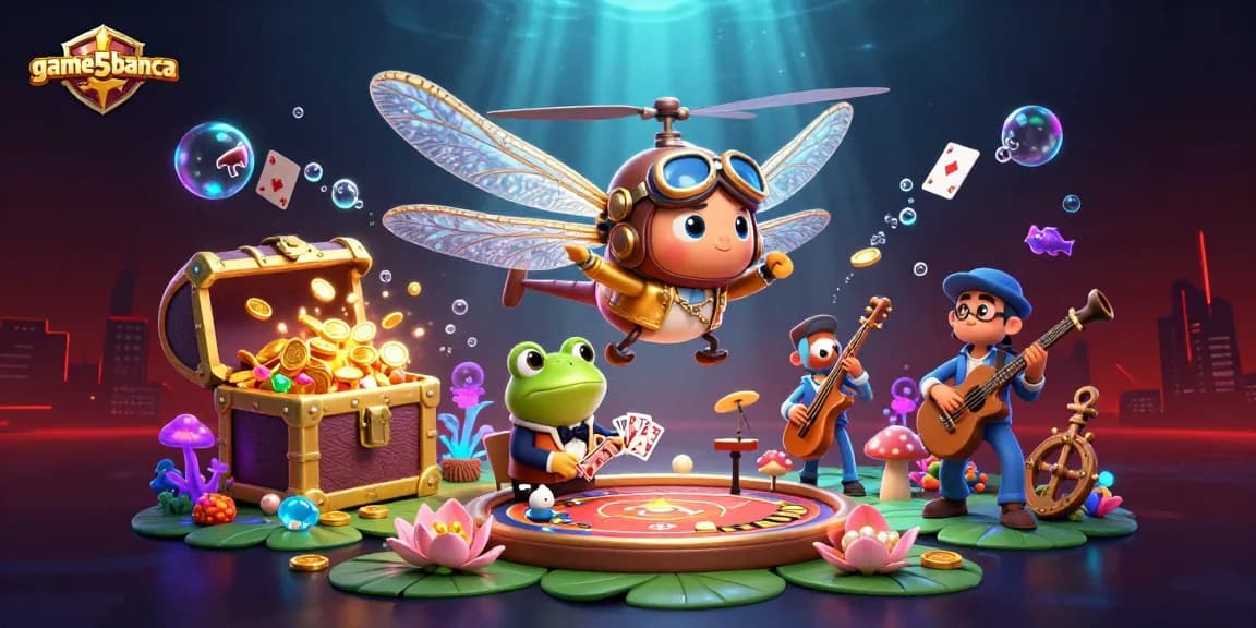 game5banca showcases a lively scene with a dragonfly pilot at a lily pad casino, frog croupier, and cricket musicians.