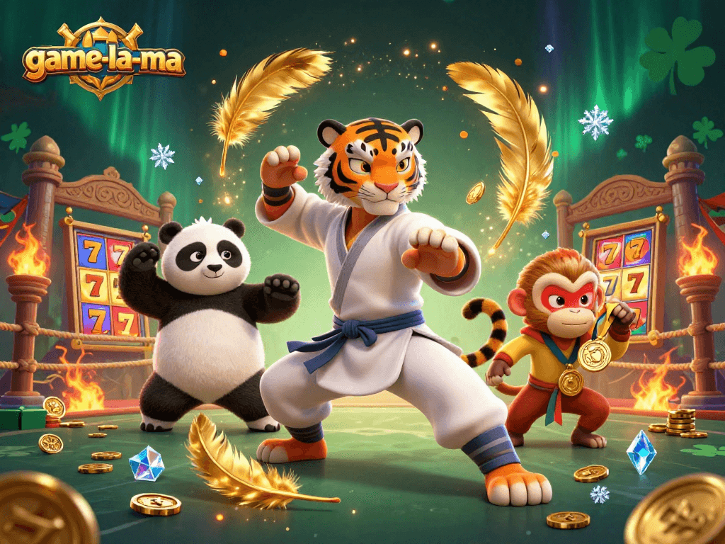 Experience the excitement of game-la-ma in a vibrant, action-packed casino illustration featuring a kung fu tiger and his disciples.