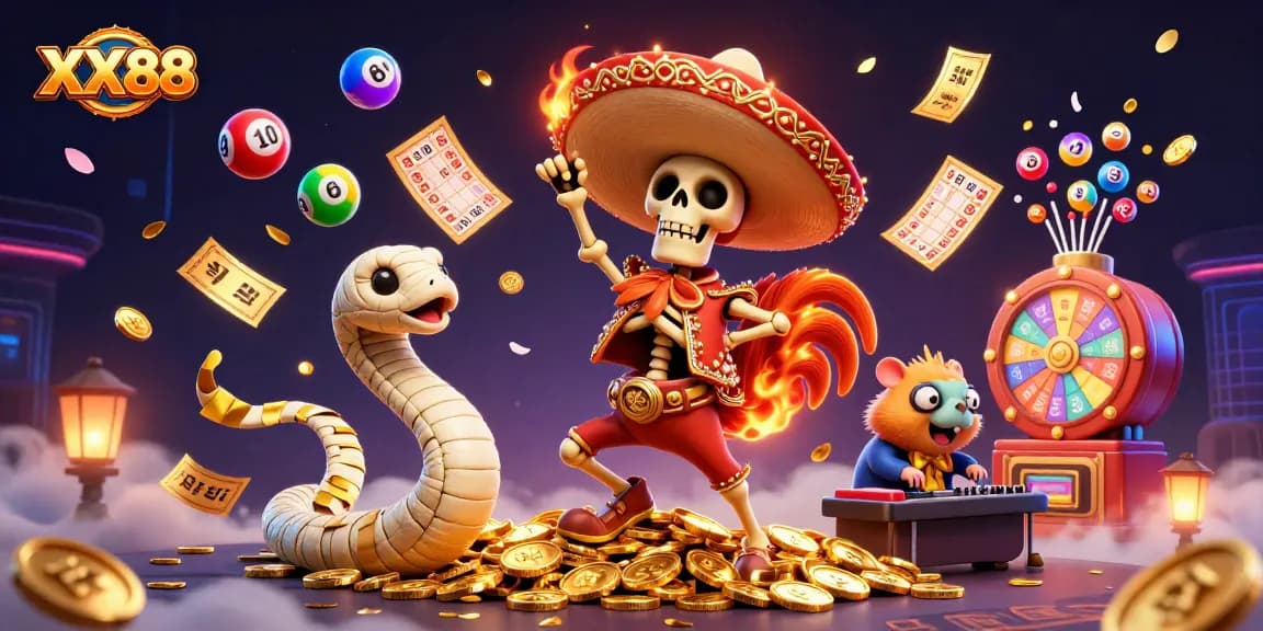 Win big with XX88 while enjoying a vibrant 3D casino scene featuring colorful game elements and characters.