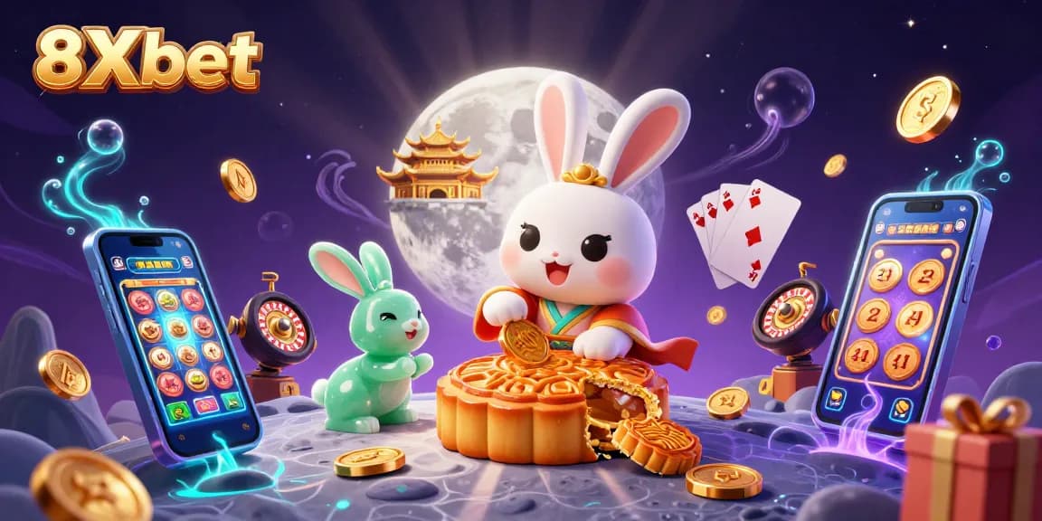 Engage with the vibrant world of 8Xbet through a colorful scene of a moon rabbit and jade companion, creating poker chip-filled mooncakes.