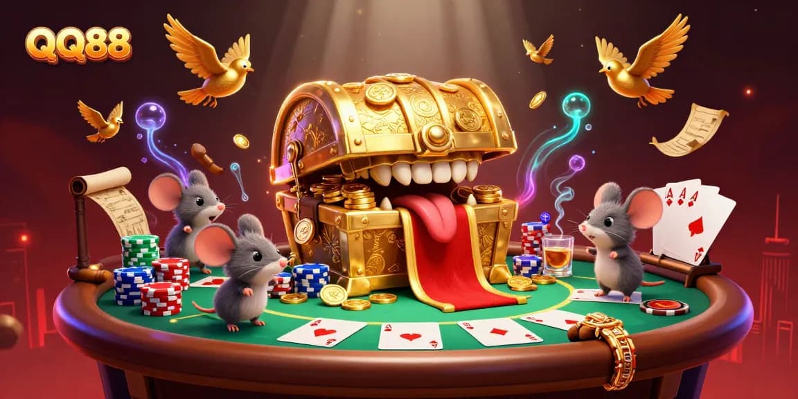 Engage with QQ88's thrilling gaming world featuring a treasure chest and poker elements in a vibrant casino setting.